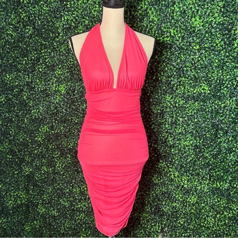 Guess Halter Ruched Hot Pink Barbie V Neck Dress Sz M